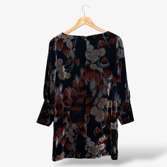 Ann Taylor Blue Velvet Mini Dress Floral Long Balloon Sleeve Shift Size 2 - Picture 10 of 11